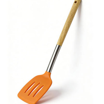 Shopify Product Images & Descriptions for European & American Markets Orange Wooden Handle Silicone Slotted Spatula Collection