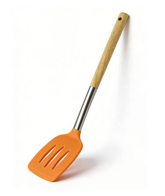 Shopify Product Images & Descriptions for European & American Markets Orange Wooden Handle Silicone Slotted Spatula Collection