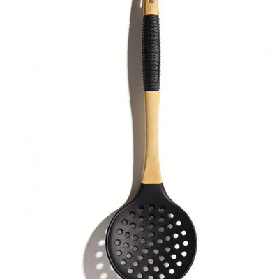 Food-Grade Silicone Slotted Spoon with Natural Wooden Handle - Heat Resistant Kitchen Strainer