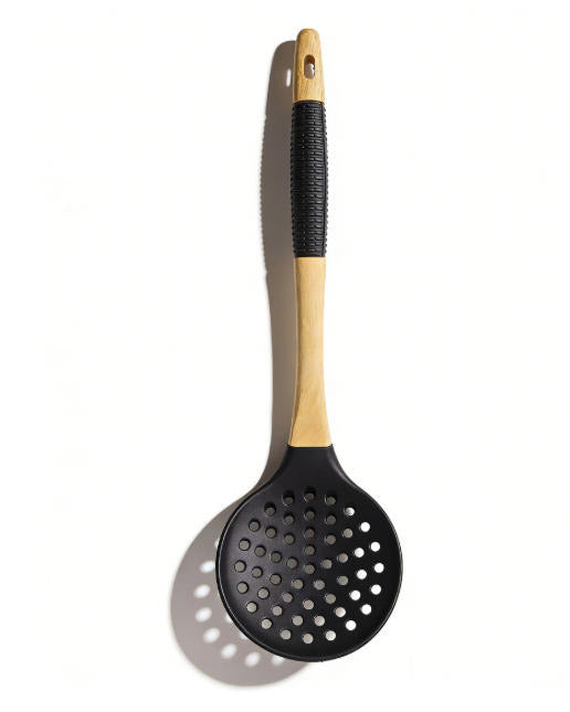 Food-Grade Silicone Slotted Spoon with Natural Wooden Handle - Heat Resistant Kitchen Strainer