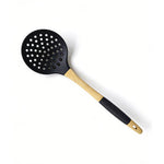 Food-Grade Silicone Slotted Spoon with Natural Wooden Handle - Heat Resistant Kitchen Strainer