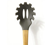 Food-Grade Silicone Pasta Server with Natural Wooden Handle - Heat Resistant Spaghetti Fork