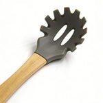 Food-Grade Silicone Pasta Server with Natural Wooden Handle - Heat Resistant Spaghetti Fork