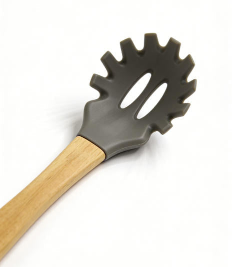 Food-Grade Silicone Pasta Server with Natural Wooden Handle - Heat Resistant Spaghetti Fork
