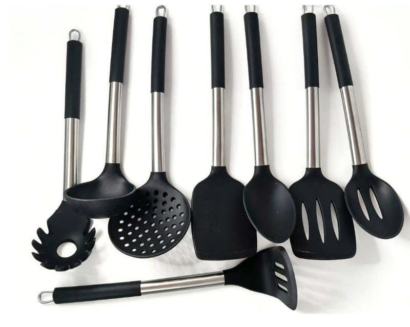 8-Piece Silicone Cooking Utensil Set - Heat Resistant Non-stick Kitchen Utensils with Stainless Steel Handles