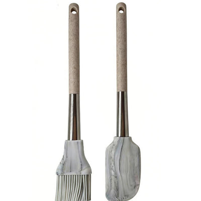 2-Piece Marble Pattern Silicone Kitchen Utensil Set - Heat Resistant Basting Brush and Spatula