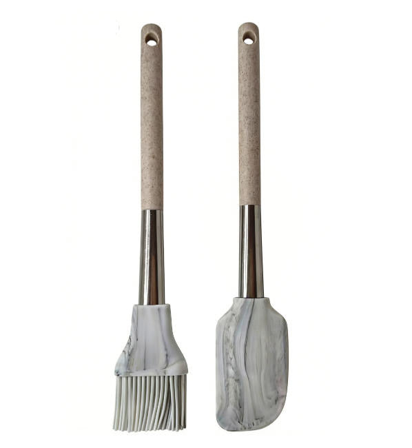 2-Piece Marble Pattern Silicone Kitchen Utensil Set - Heat Resistant Basting Brush and Spatula