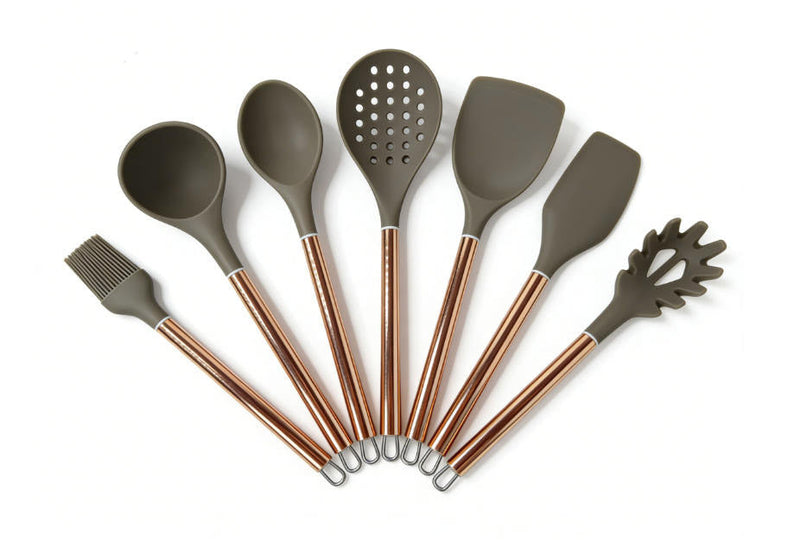 7-Piece Rose Gold & Grey Silicone Kitchen Utensil Set - Heat Resistant Non-stick Cooking Tools