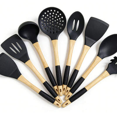 7-Piece Silicone Cooking Utensils with Ergonomic Wooden Handles Product Description