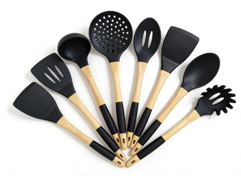 7-Piece Silicone Cooking Utensils with Ergonomic Wooden Handles Product Description