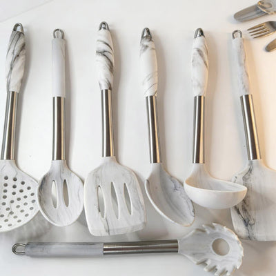 8-Piece Silicone Kitchen Utensil Set with Marble Pattern Handles - Heat Resistant Non-stick Cooking Tools