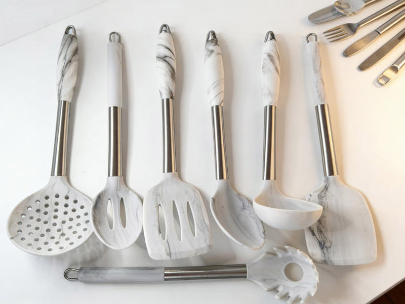 8-Piece Silicone Kitchen Utensil Set with Marble Pattern Handles - Heat Resistant Non-stick Cooking Tools