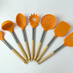 7-Piece Vibrant Orange Silicone Kitchen Utensil Set with Wooden Handles