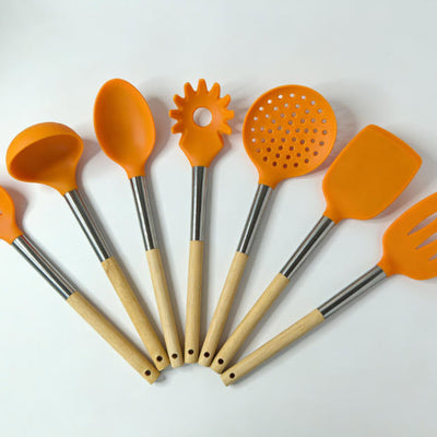 7-Piece Vibrant Orange Silicone Kitchen Utensil Set with Wooden Handles
