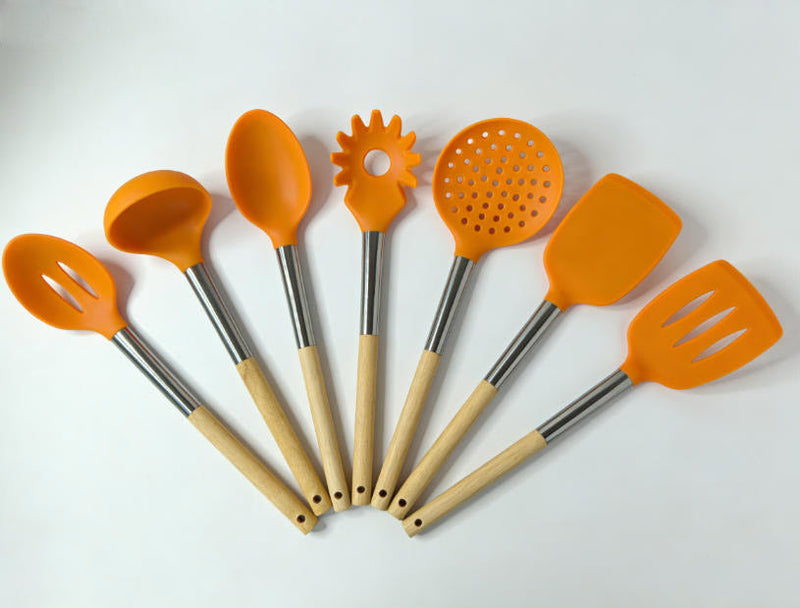 7-Piece Vibrant Orange Silicone Kitchen Utensil Set with Wooden Handles
