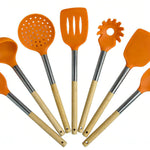 7-Piece Vibrant Orange Silicone Kitchen Utensil Set with Wooden Handles