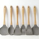 6-Piece Premium Grey Silicone Kitchen Utensil Set with Natural Wooden Handles