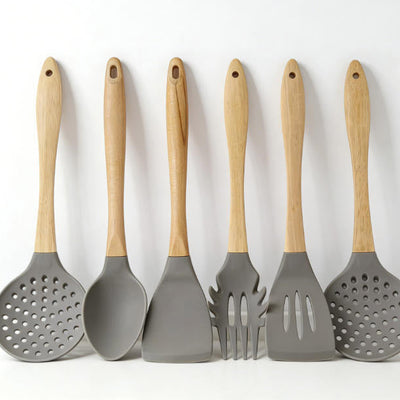 6-Piece Premium Grey Silicone Kitchen Utensil Set with Natural Wooden Handles