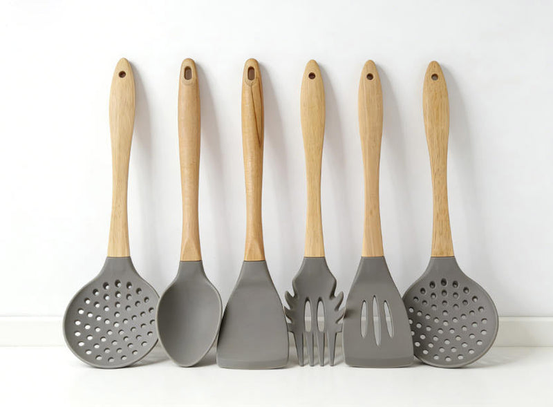 6-Piece Premium Grey Silicone Kitchen Utensil Set with Natural Wooden Handles